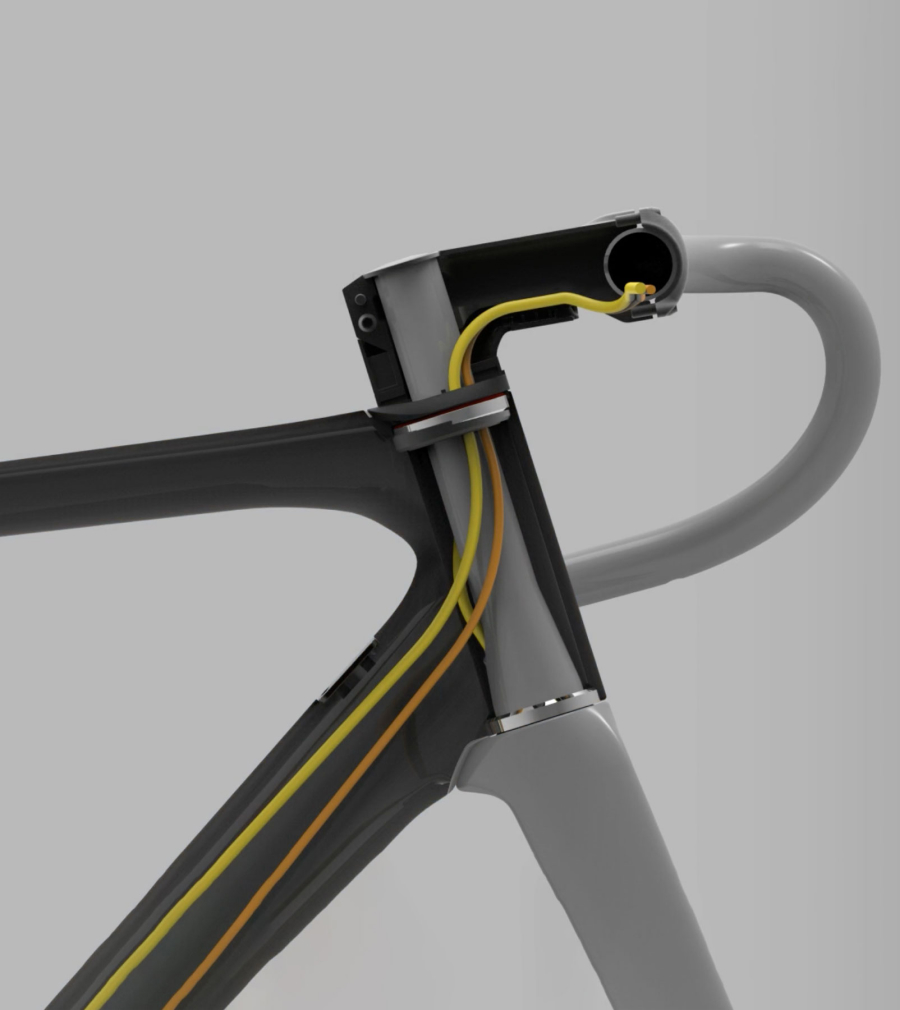 Internal Cable Routing through the stem, headset, and frame of Orbea road bike